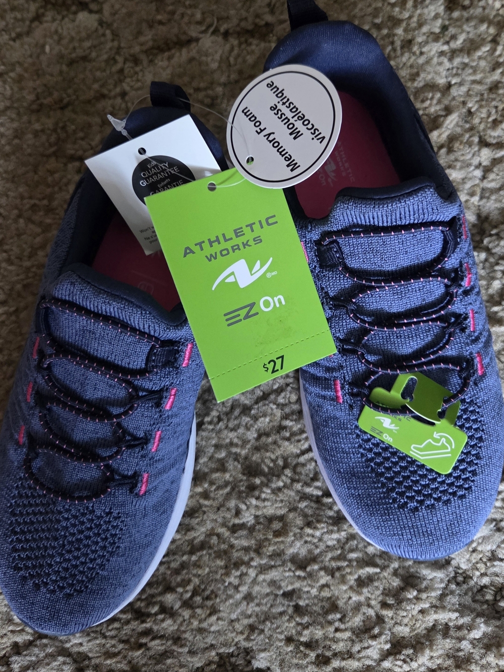 Athletic Works Kids Navy Knit EZ On Sneakers with Pink Accents